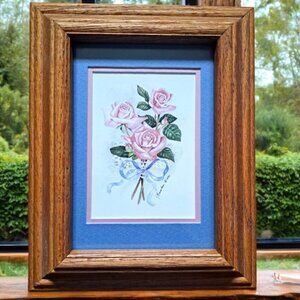 Vtg Pink Roses and Lace Wood Framed Wall Art Print 1992 Signed Artist 9.75x7.5"